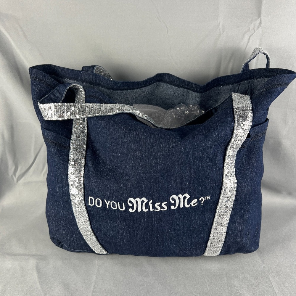 Do You Miss Me Denim Tote Bag Women Blue Silver Sequin Detail Embroidered Cotton